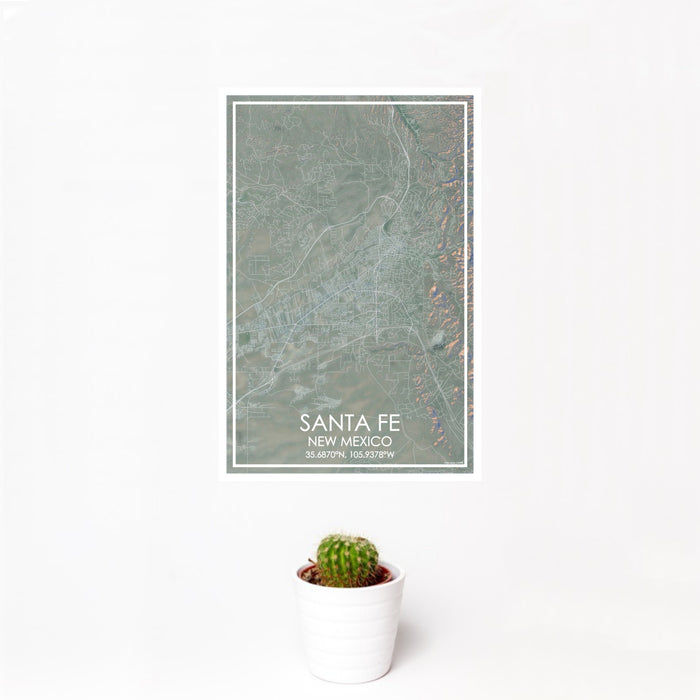 12x18 Santa Fe New Mexico Map Print Portrait Orientation in Afternoon Style With Small Cactus Plant in White Planter