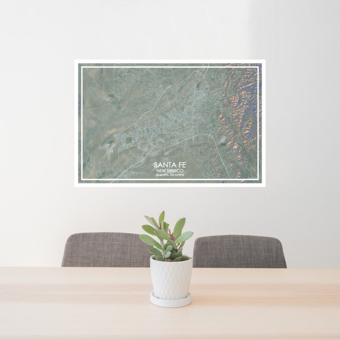 24x36 Santa Fe New Mexico Map Print Lanscape Orientation in Afternoon Style Behind 2 Chairs Table and Potted Plant