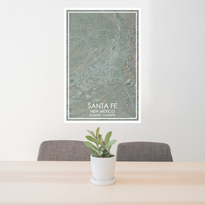 24x36 Santa Fe New Mexico Map Print Portrait Orientation in Afternoon Style Behind 2 Chairs Table and Potted Plant