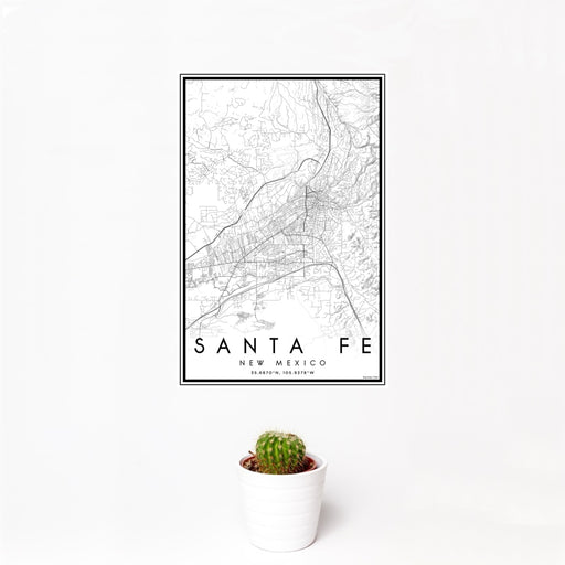 12x18 Santa Fe New Mexico Map Print Portrait Orientation in Classic Style With Small Cactus Plant in White Planter