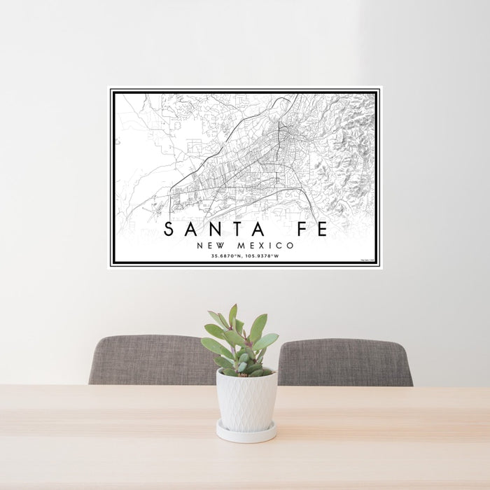 24x36 Santa Fe New Mexico Map Print Landscape Orientation in Classic Style Behind 2 Chairs Table and Potted Plant