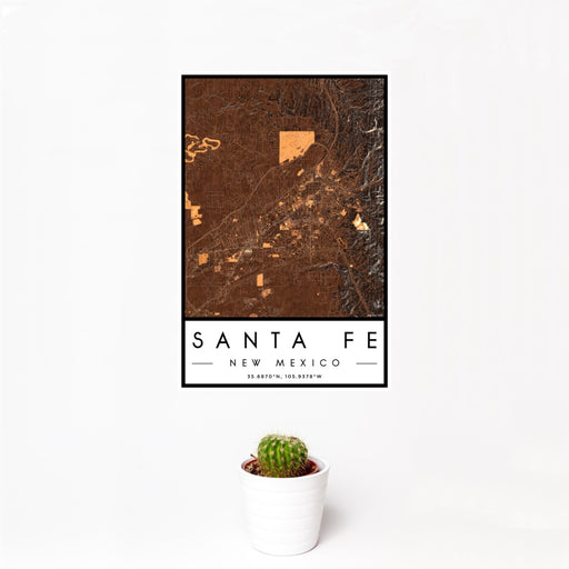 12x18 Santa Fe New Mexico Map Print Portrait Orientation in Ember Style With Small Cactus Plant in White Planter