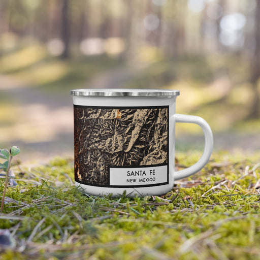 Right View Custom Santa Fe New Mexico Map Enamel Mug in Ember on Grass With Trees in Background