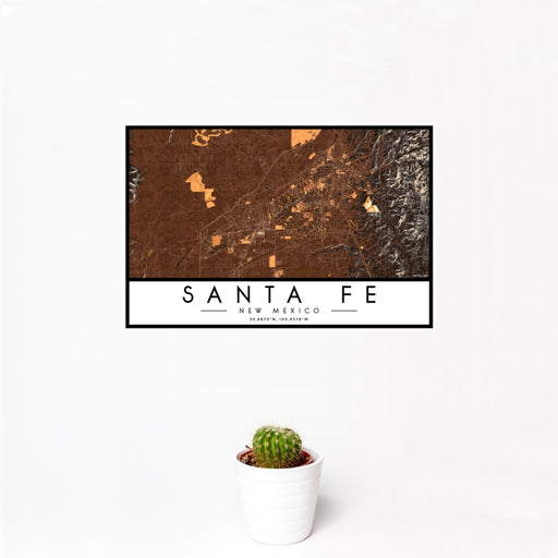 12x18 Santa Fe New Mexico Map Print Landscape Orientation in Ember Style With Small Cactus Plant in White Planter