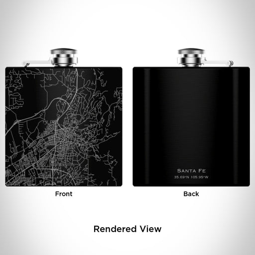 Rendered View of Santa Fe New Mexico Map Engraving on 6oz Stainless Steel Flask in Black