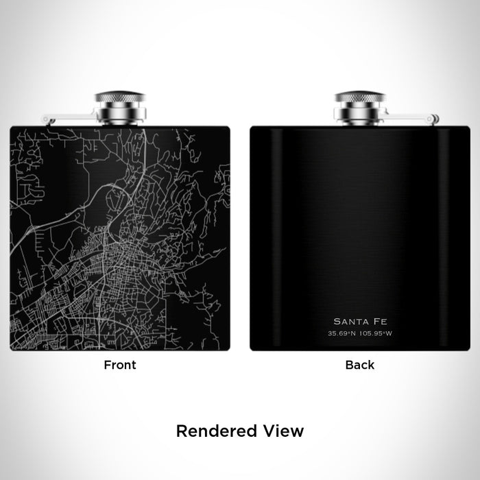 Rendered View of Santa Fe New Mexico Map Engraving on 6oz Stainless Steel Flask in Black