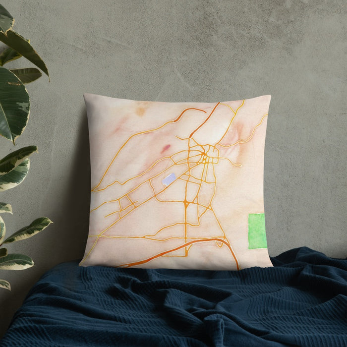 Custom Santa Fe New Mexico Map Throw Pillow in Watercolor on Bedding Against Wall