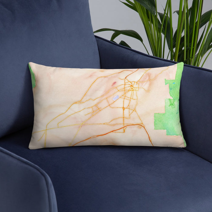 Custom Santa Fe New Mexico Map Throw Pillow in Watercolor on Blue Colored Chair