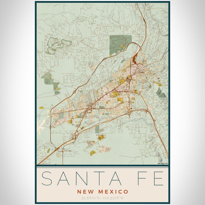 Santa Fe New Mexico Map Print Portrait Orientation in Woodblock Style With Shaded Background