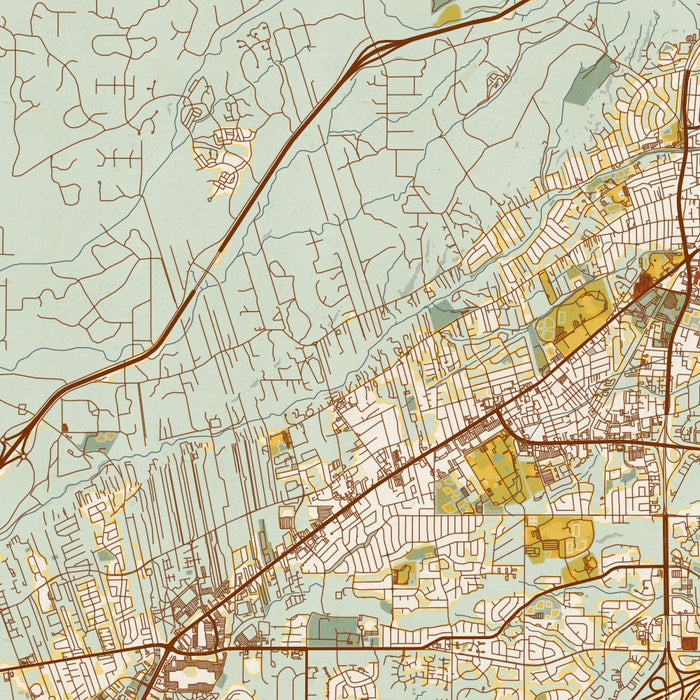 Santa Fe New Mexico Map Print in Woodblock Style Zoomed In Close Up Showing Details