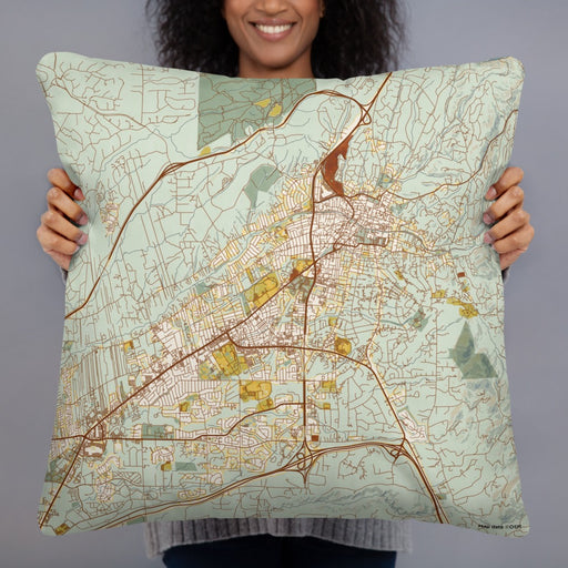 Person holding 22x22 Custom Santa Fe New Mexico Map Throw Pillow in Woodblock