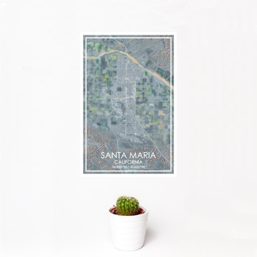 12x18 Santa Maria California Map Print Portrait Orientation in Afternoon Style With Small Cactus Plant in White Planter