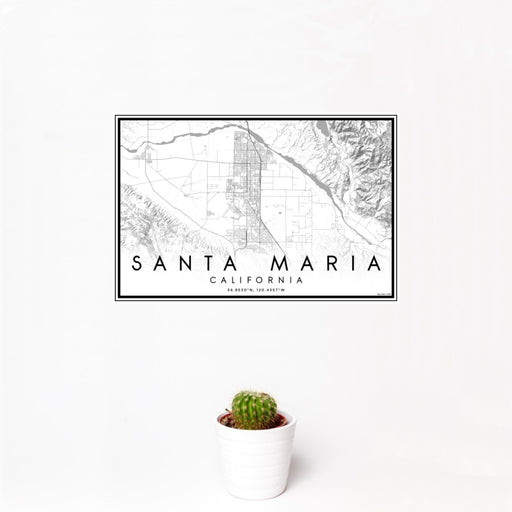 12x18 Santa Maria California Map Print Landscape Orientation in Classic Style With Small Cactus Plant in White Planter