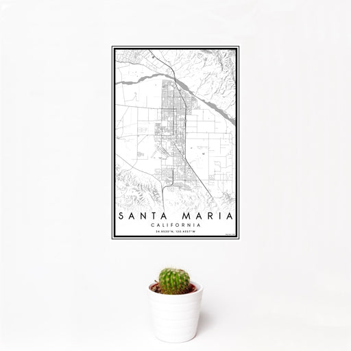 12x18 Santa Maria California Map Print Portrait Orientation in Classic Style With Small Cactus Plant in White Planter