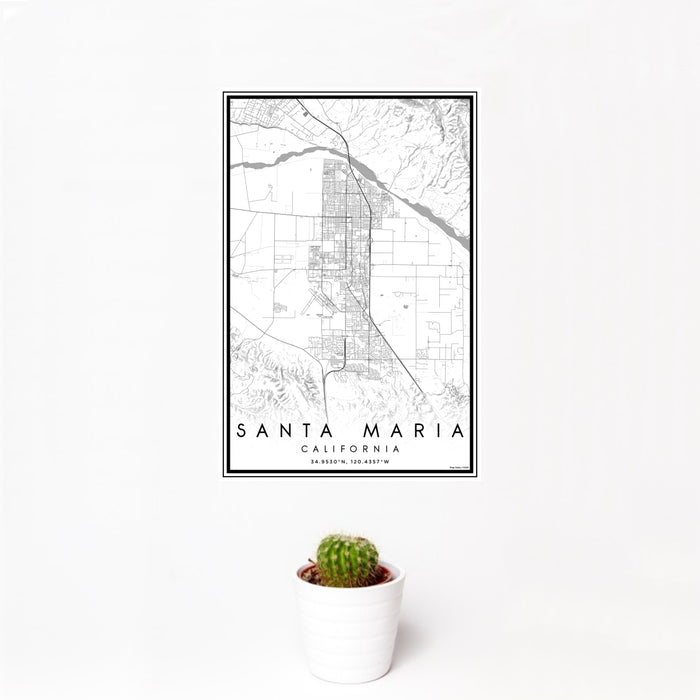 12x18 Santa Maria California Map Print Portrait Orientation in Classic Style With Small Cactus Plant in White Planter