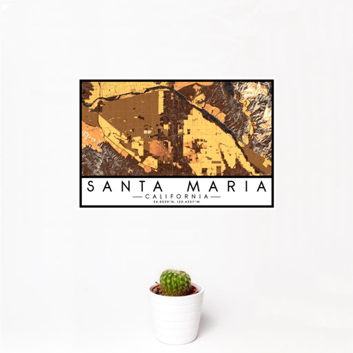12x18 Santa Maria California Map Print Landscape Orientation in Ember Style With Small Cactus Plant in White Planter