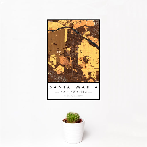 12x18 Santa Maria California Map Print Portrait Orientation in Ember Style With Small Cactus Plant in White Planter