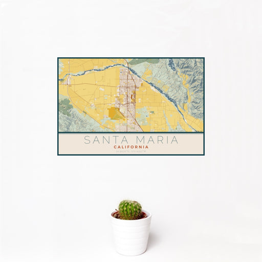 12x18 Santa Maria California Map Print Landscape Orientation in Woodblock Style With Small Cactus Plant in White Planter