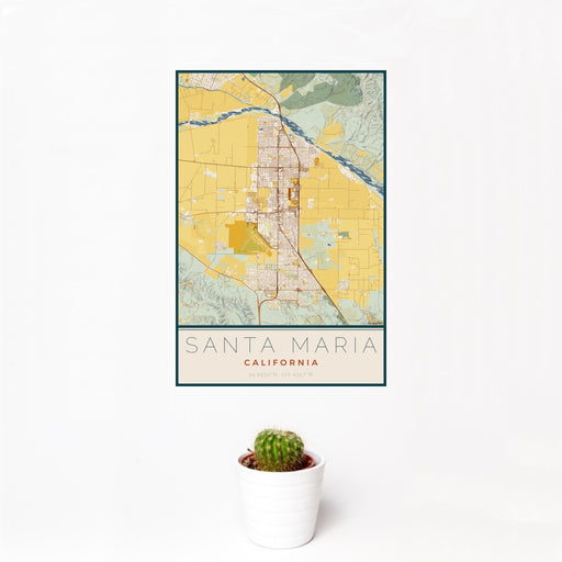 12x18 Santa Maria California Map Print Portrait Orientation in Woodblock Style With Small Cactus Plant in White Planter