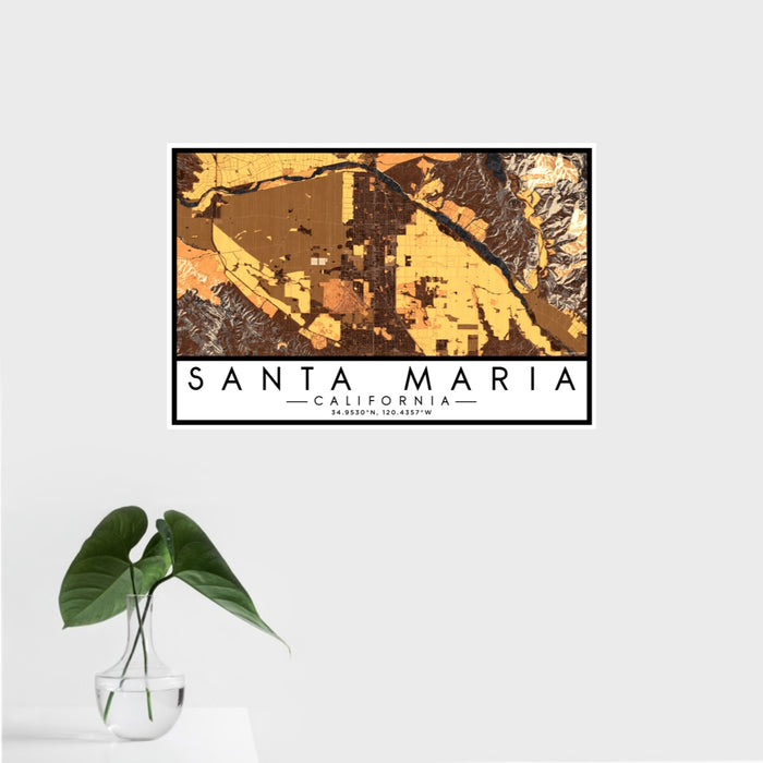 16x24 Santa Maria California Map Print Landscape Orientation in Ember Style With Tropical Plant Leaves in Water