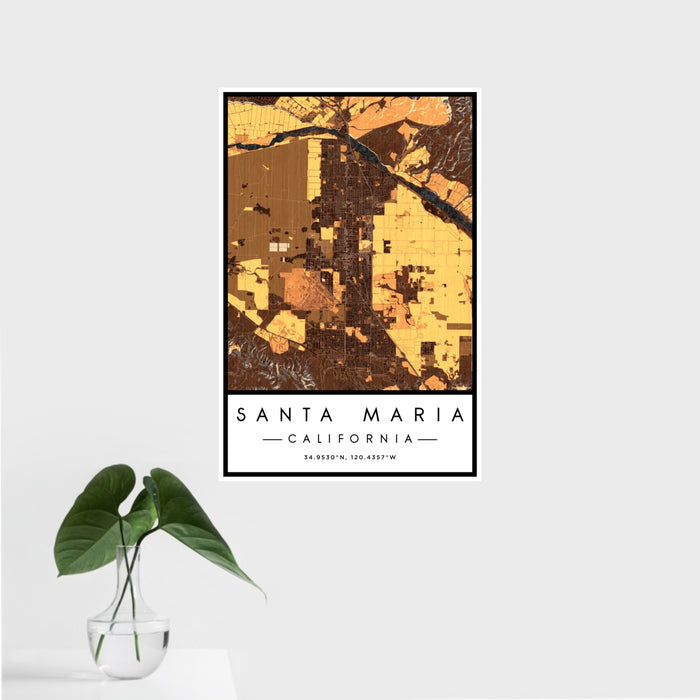 16x24 Santa Maria California Map Print Portrait Orientation in Ember Style With Tropical Plant Leaves in Water