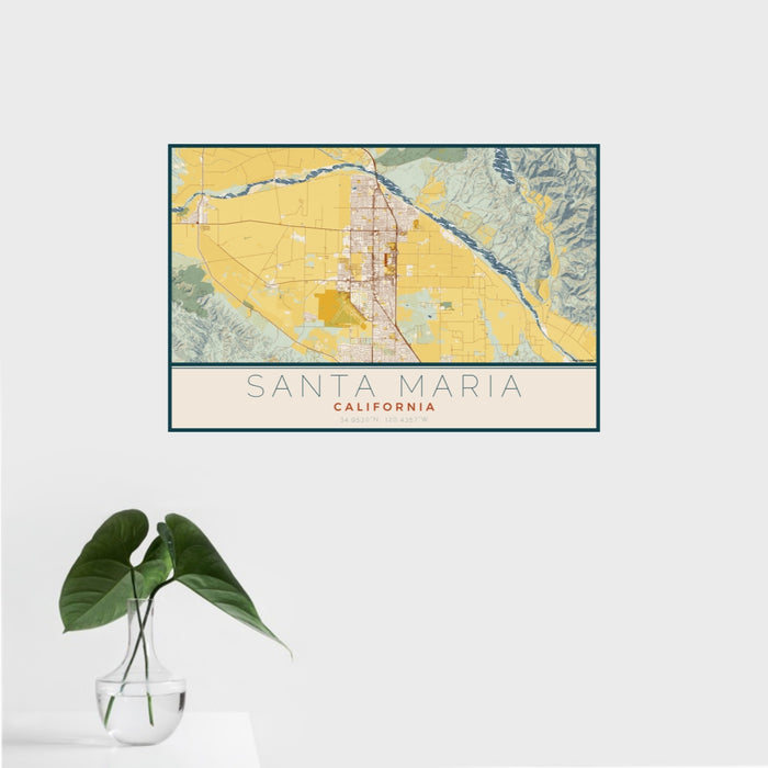 16x24 Santa Maria California Map Print Landscape Orientation in Woodblock Style With Tropical Plant Leaves in Water