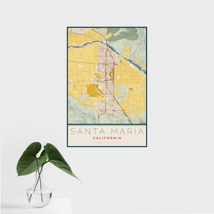 16x24 Santa Maria California Map Print Portrait Orientation in Woodblock Style With Tropical Plant Leaves in Water