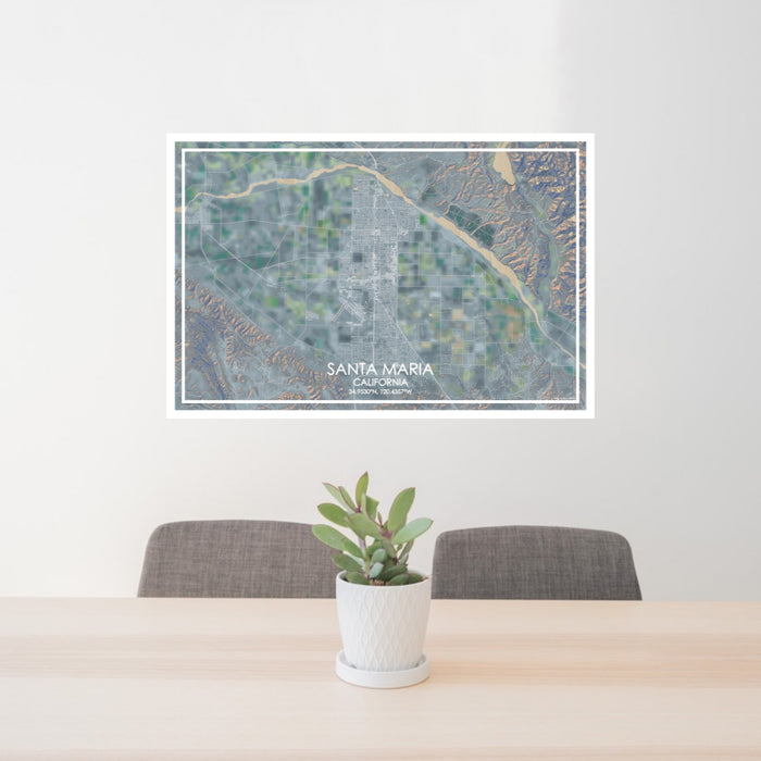 24x36 Santa Maria California Map Print Lanscape Orientation in Afternoon Style Behind 2 Chairs Table and Potted Plant