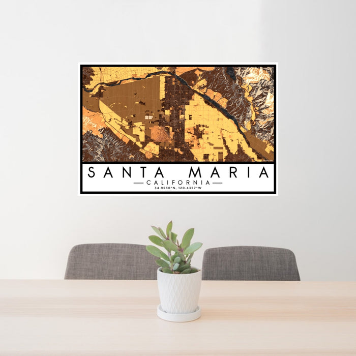 24x36 Santa Maria California Map Print Lanscape Orientation in Ember Style Behind 2 Chairs Table and Potted Plant
