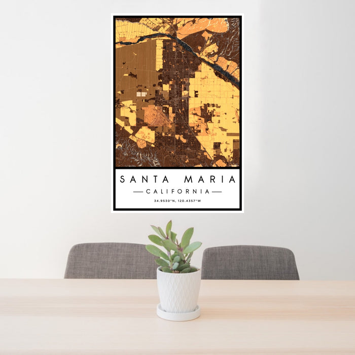 24x36 Santa Maria California Map Print Portrait Orientation in Ember Style Behind 2 Chairs Table and Potted Plant