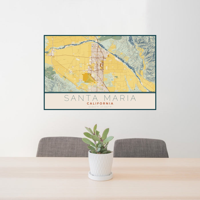 24x36 Santa Maria California Map Print Lanscape Orientation in Woodblock Style Behind 2 Chairs Table and Potted Plant