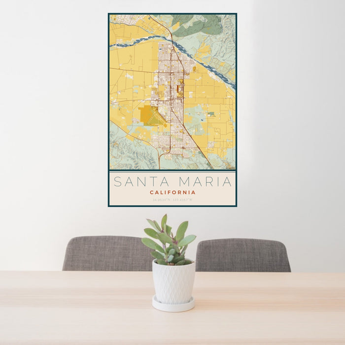 24x36 Santa Maria California Map Print Portrait Orientation in Woodblock Style Behind 2 Chairs Table and Potted Plant