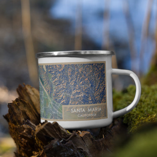 Right View Custom Santa Maria California Map Enamel Mug in Afternoon on Grass With Trees in Background