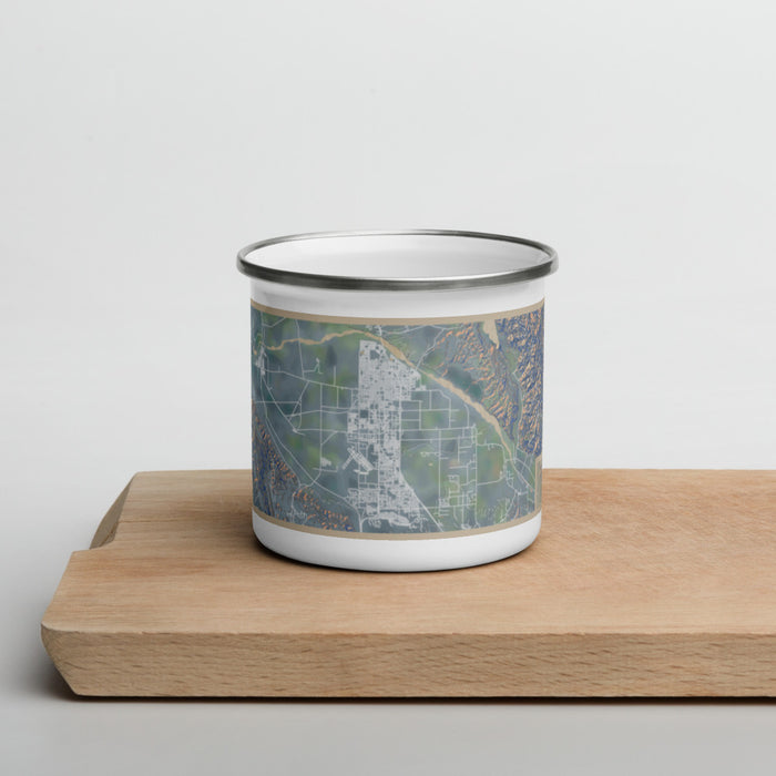 Front View Custom Santa Maria California Map Enamel Mug in Afternoon on Cutting Board