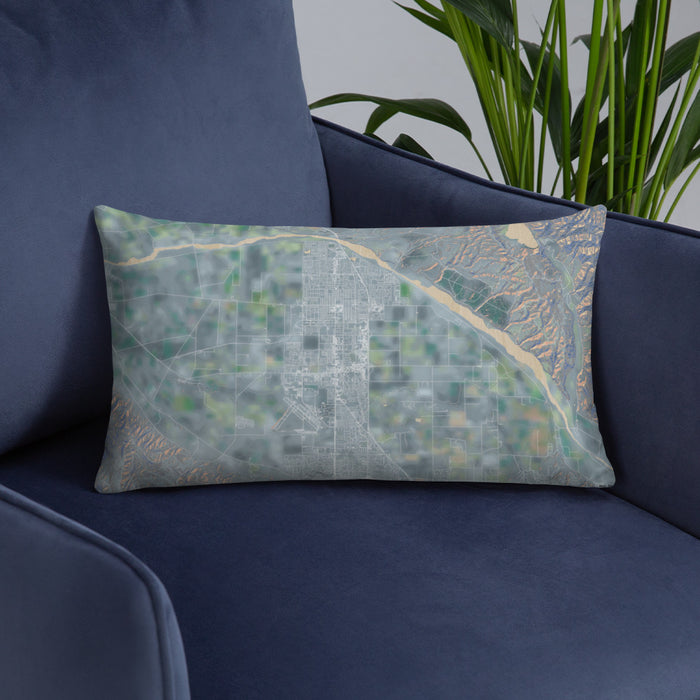 Custom Santa Maria California Map Throw Pillow in Afternoon on Blue Colored Chair