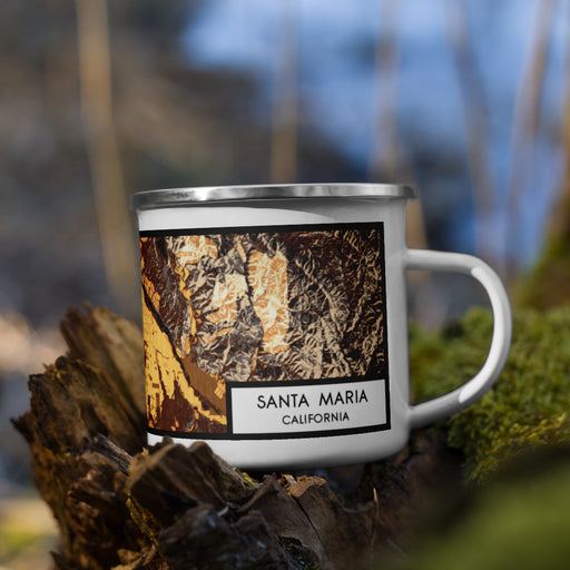 Right View Custom Santa Maria California Map Enamel Mug in Ember on Grass With Trees in Background