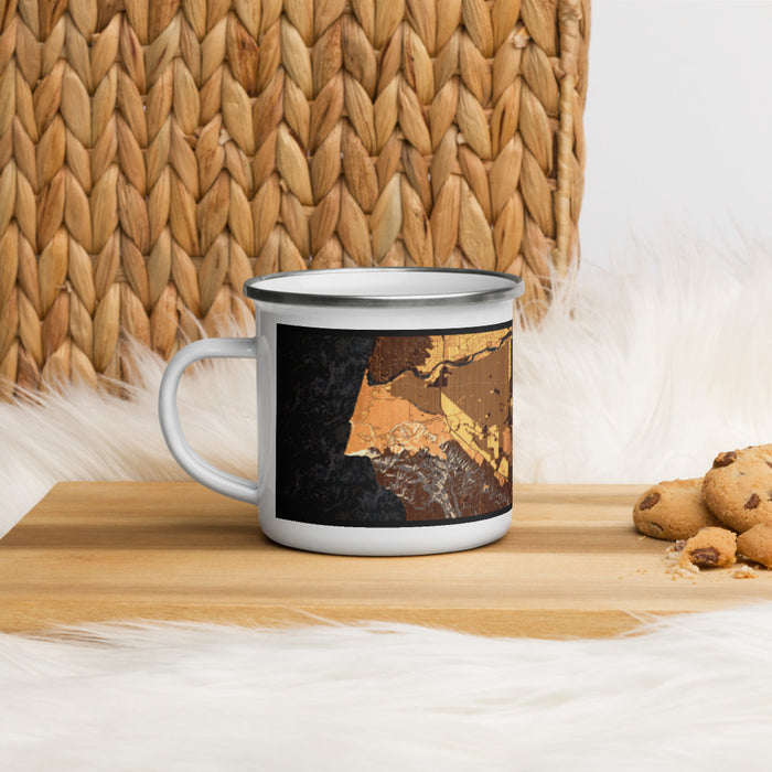 Left View Custom Santa Maria California Map Enamel Mug in Ember on Table Top