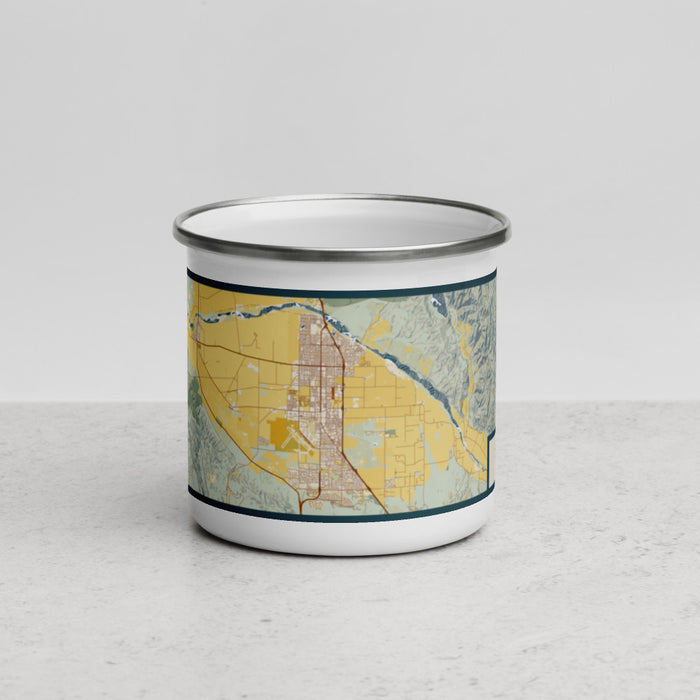 Front View Custom Santa Maria California Map Enamel Mug in Woodblock