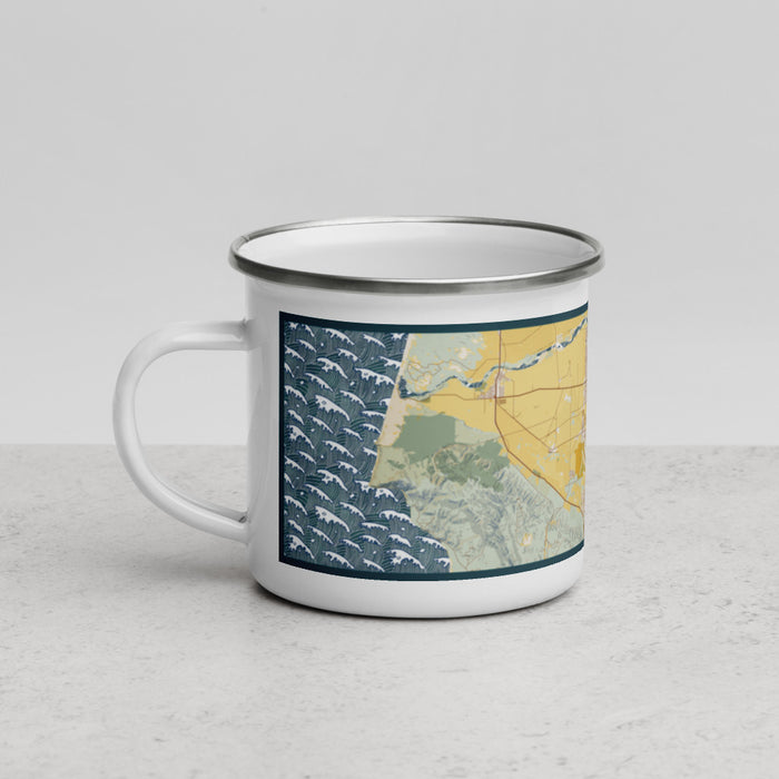 Left View Custom Santa Maria California Map Enamel Mug in Woodblock