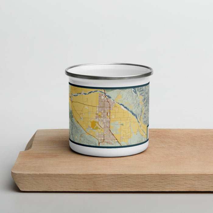 Front View Custom Santa Maria California Map Enamel Mug in Woodblock on Cutting Board