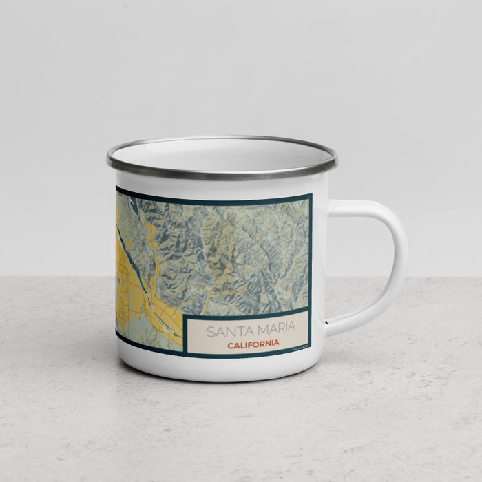 Right View Custom Santa Maria California Map Enamel Mug in Woodblock