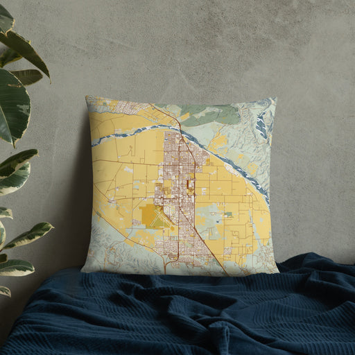 Custom Santa Maria California Map Throw Pillow in Woodblock on Bedding Against Wall