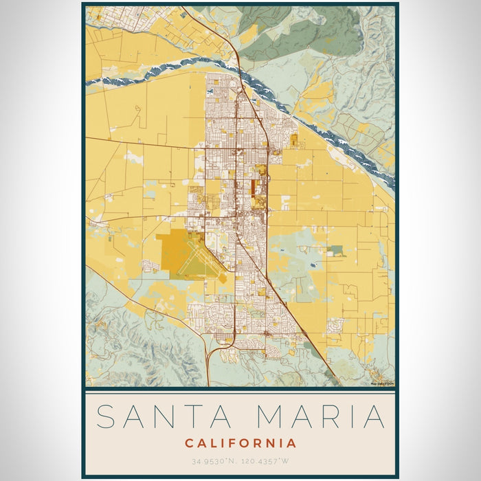 Santa Maria California Map Print Portrait Orientation in Woodblock Style With Shaded Background