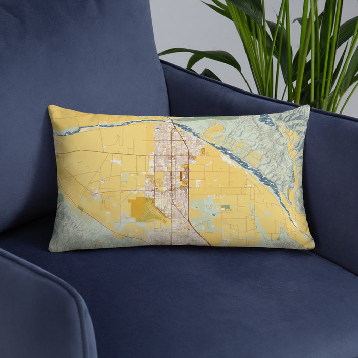 Custom Santa Maria California Map Throw Pillow in Woodblock on Blue Colored Chair