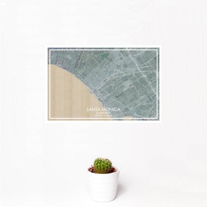 12x18 Santa Monica California Map Print Landscape Orientation in Afternoon Style With Small Cactus Plant in White Planter