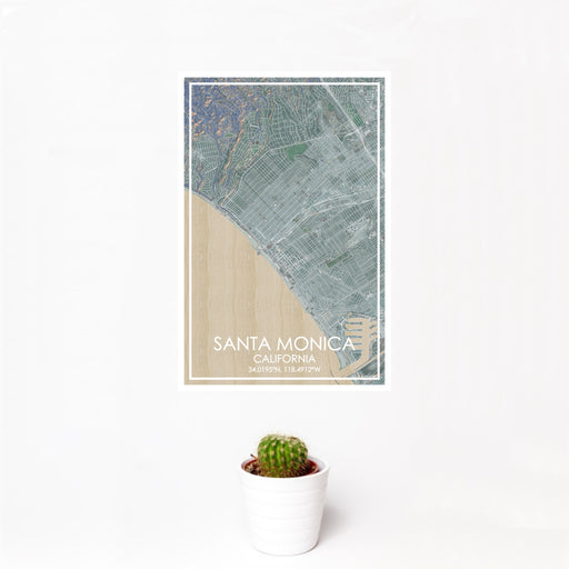 12x18 Santa Monica California Map Print Portrait Orientation in Afternoon Style With Small Cactus Plant in White Planter