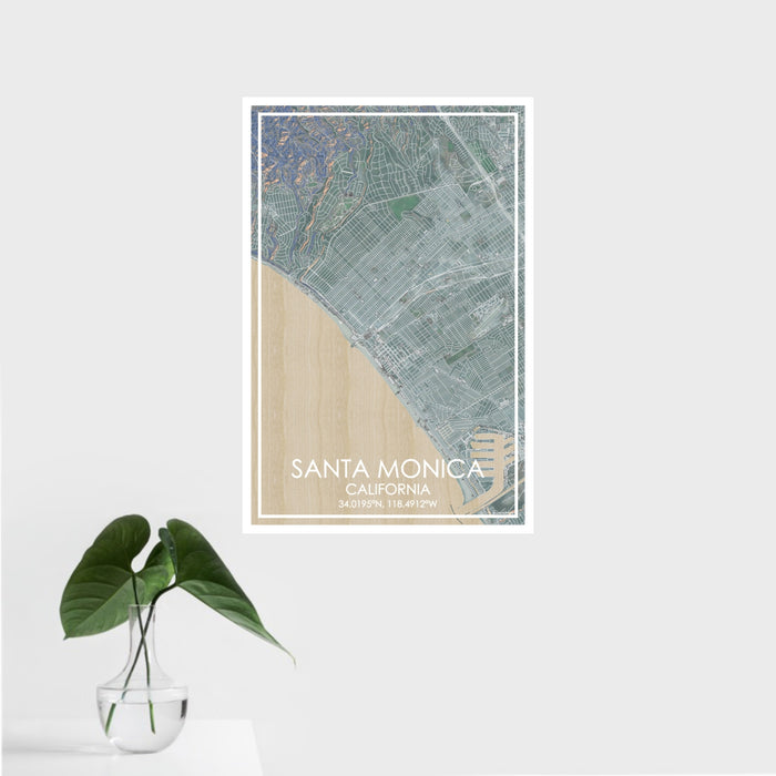16x24 Santa Monica California Map Print Portrait Orientation in Afternoon Style With Tropical Plant Leaves in Water