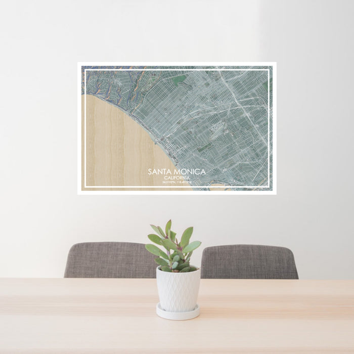 24x36 Santa Monica California Map Print Lanscape Orientation in Afternoon Style Behind 2 Chairs Table and Potted Plant