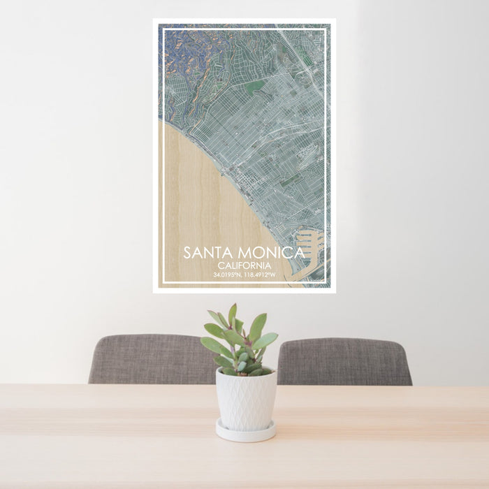 24x36 Santa Monica California Map Print Portrait Orientation in Afternoon Style Behind 2 Chairs Table and Potted Plant