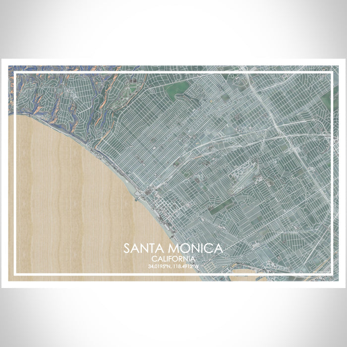 Santa Monica California Map Print Landscape Orientation in Afternoon Style With Shaded Background
